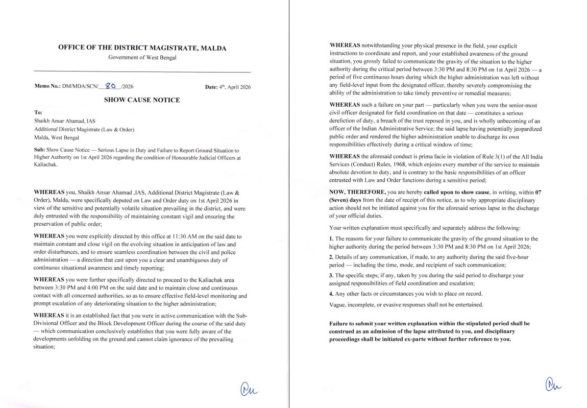 ANI's tweet photo. West Bengal | District Magistrate of Malda has issued a showcause notice to the district's Additional District Magistrate (Law & Order) over "Serious lapse in duty and failure to report ground situation to higher authority on 1st April 2026, regarding the condition of Judicial Officers at Kaliachak".
