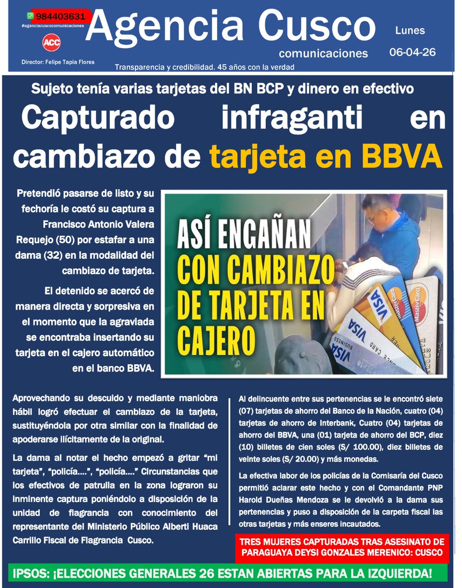 FelipeTapiaFlo1's tweet photo. Capturan a Francisco Antonio Valera Requejo (50) por estafar a una dama (32) en la modalidad del cambiazo de tarjeta.
El detenido se acercó de manera directa y sorpresiva en el momento que la agraviada se encontraba insertando su tarjeta en el cajero automático en el banco BBVA https://t.co/TOwFrijMTi