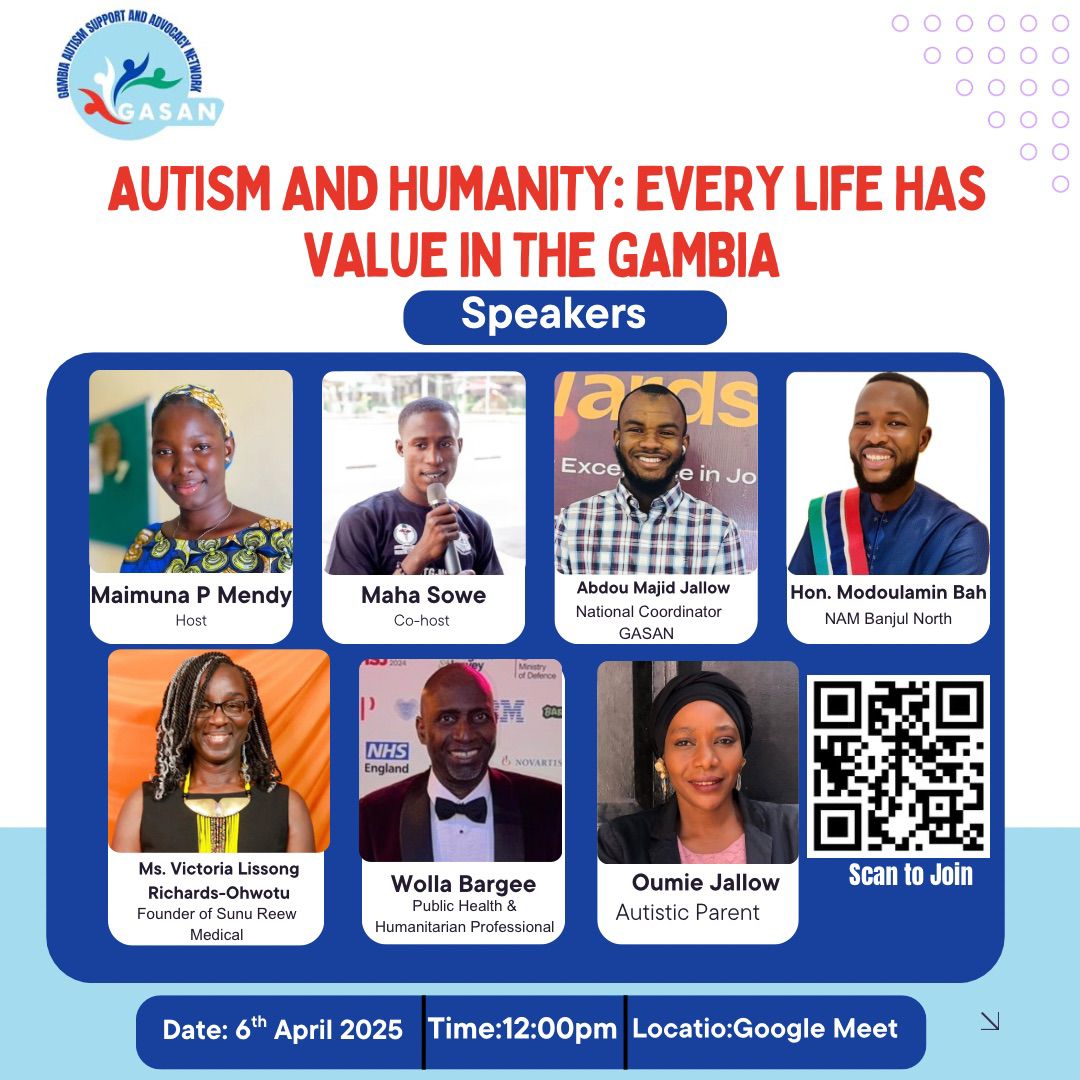 Gasangambia's tweet photo. Join us for a powerful conversation on Autism and Humanity as we advocate for inclusion and understanding in The Gambia.📍 Where: Google Meet https://t.co/f1leWiv1mV (Scan the QR code to join!)
📅 When: 6th April 2025
🕛 Time: 12:00 PM
Let’s change the narrative together. https://t.co/SU3GKdCLDX