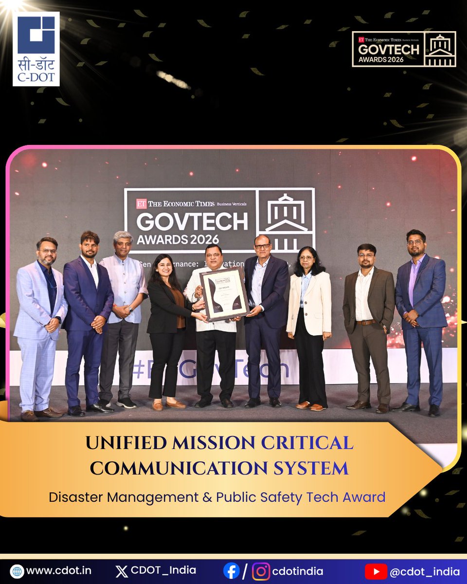 CDOT_India's tweet image. Communication built for the moments that demand absolute reliability.

Our Mission Critical Communication System (#MCX) has won the “Disaster Management &amp;amp; Public Safety Tech Award” at the Economic Times GovTech Awards 2026 - @ET_Government.

#Engineered to perform in the toughest