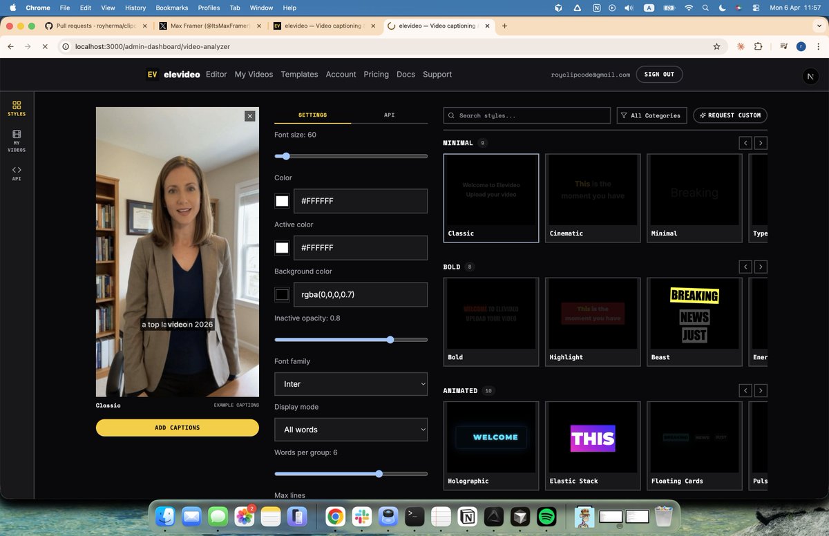 ItsMaxFramer's tweet photo. 27 caption styles and counting.

minimal, bold, animated - pick one, customize everything, render.

this is what the elevideo editor looks like. #buildinpublic #videoapi https://t.co/NNuYUKhpP3