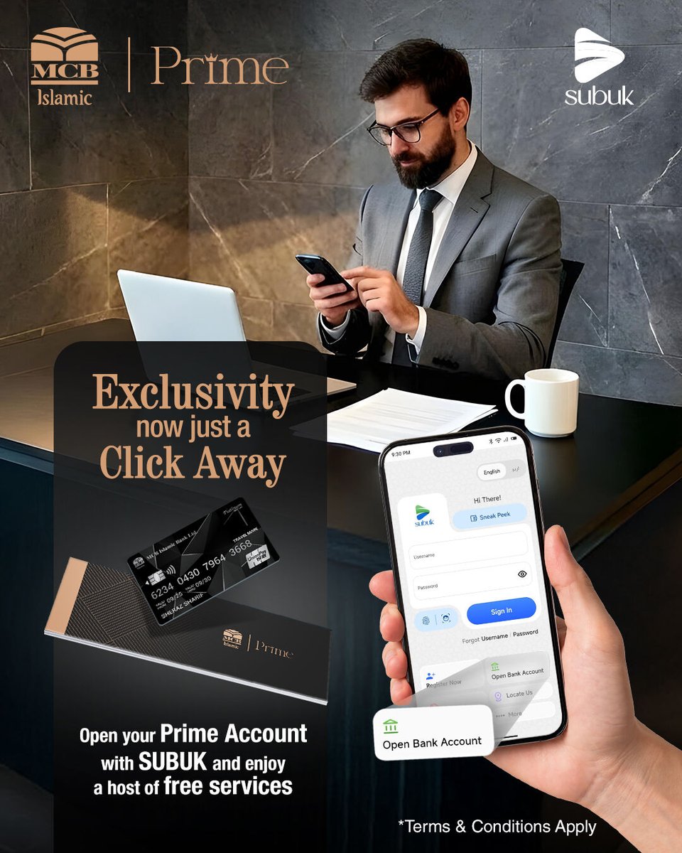 MCBIslamicBank's tweet image. Elevate your banking experience and discover a world of privileges tailored to meet your everyday banking needs.

Download the SUBUK App to open your account: bit.ly/SUBUKAPP

For more details:

✤ Visit our Website: bit.ly/MCB-Islamic-Pr…

#MCBIslamicBank #SUBUK #PrimeA