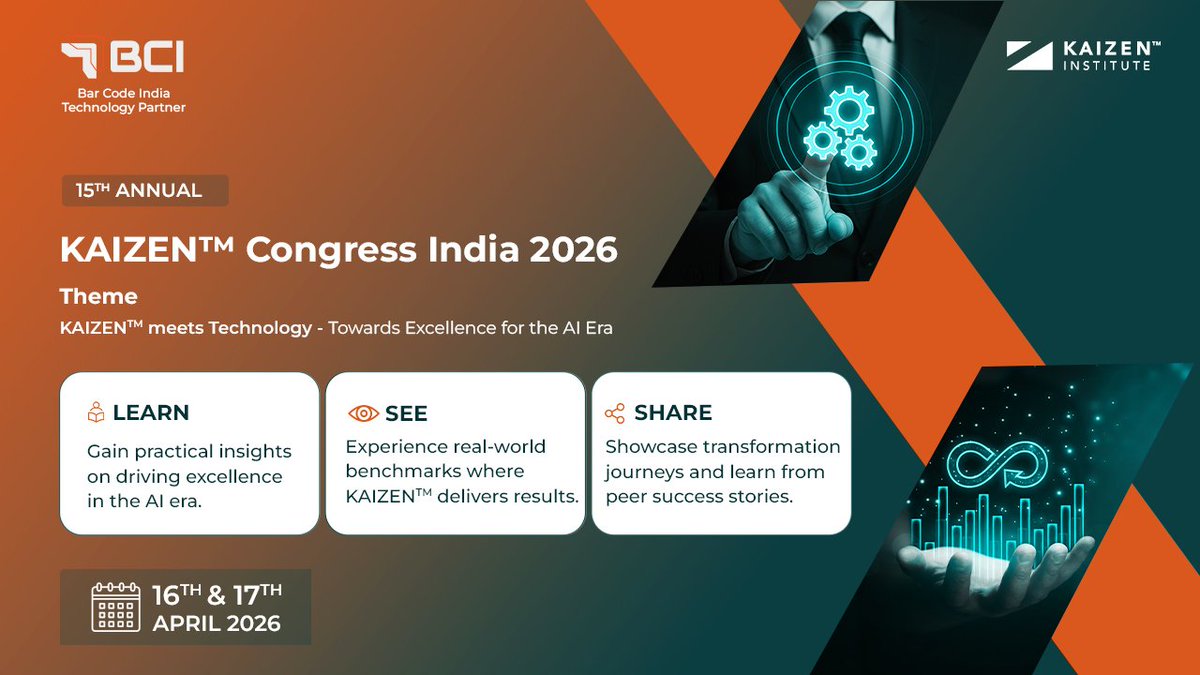 BarCodeIndialtd's tweet photo. 15th Annual KAIZEN™ Congress India 2026 is bringing leaders together for transformation &amp; excellence.
Bar Code India (BCI) is proud to partner.
Register now: https://t.co/bPJiEiM5x6⁠�
#Kaizen2026 #BCI #OperationalExcellence #AI #Leadership https://t.co/lCNpqAaLaA