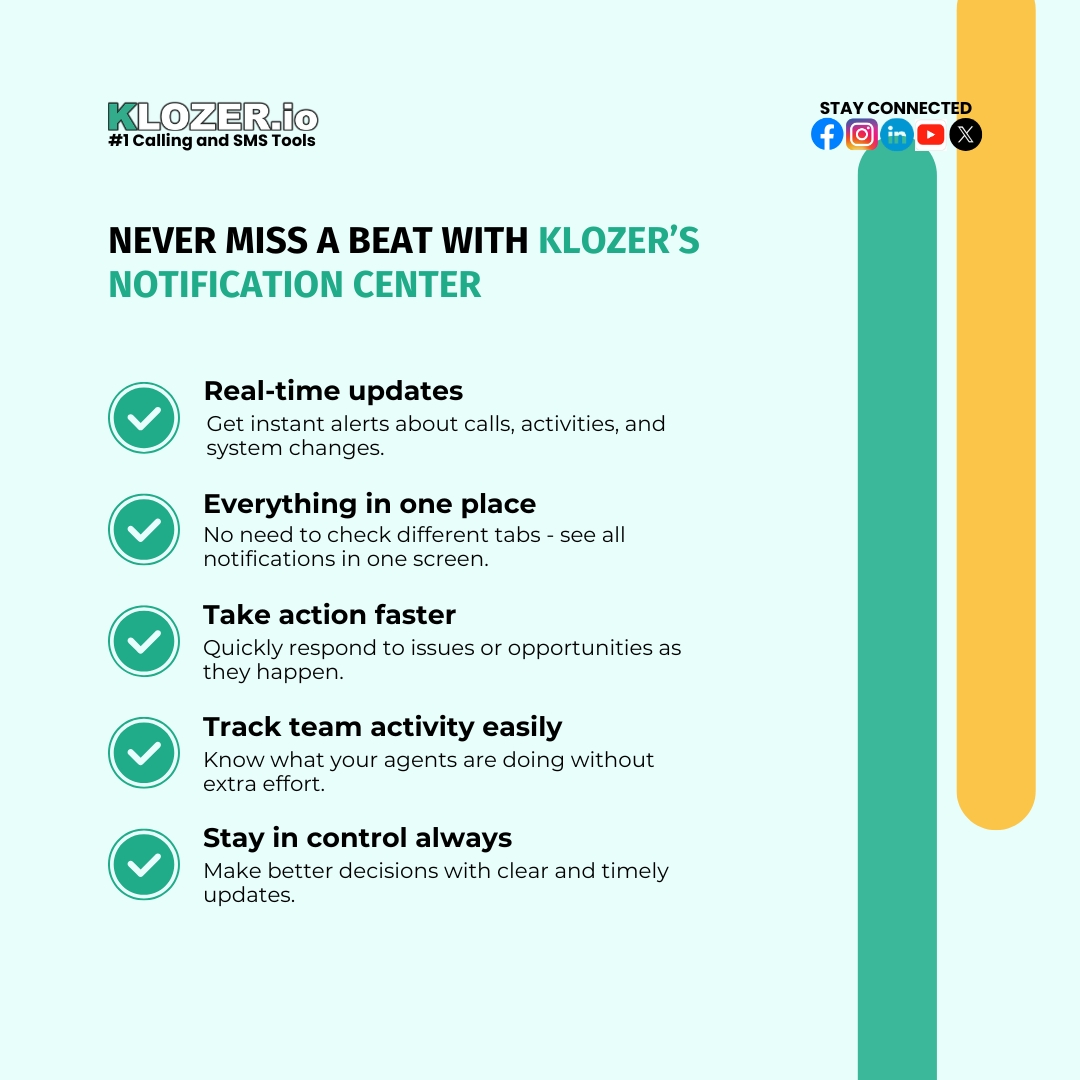 Klozer_io's tweet image. Never miss what matters. 

With 𝐊𝐥𝐨𝐳𝐞𝐫’𝐬 𝐍𝐨𝐭𝐢𝐟𝐢𝐜𝐚𝐭𝐢𝐨𝐧 𝐂𝐞𝐧𝐭𝐞𝐫, you get real-time updates, clear visibility, and everything in one place - so you can act faster and stay in control at all times.

#Klozer #CallCenter #SalesTools #Dialer #RealTimeUpdates