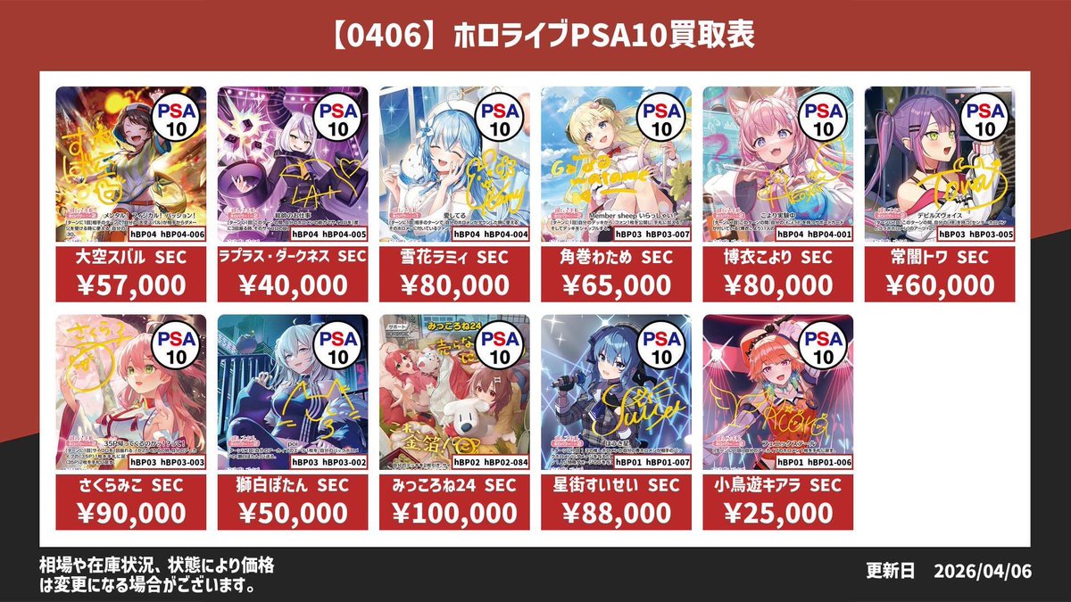 ホロライブPSA10買取表