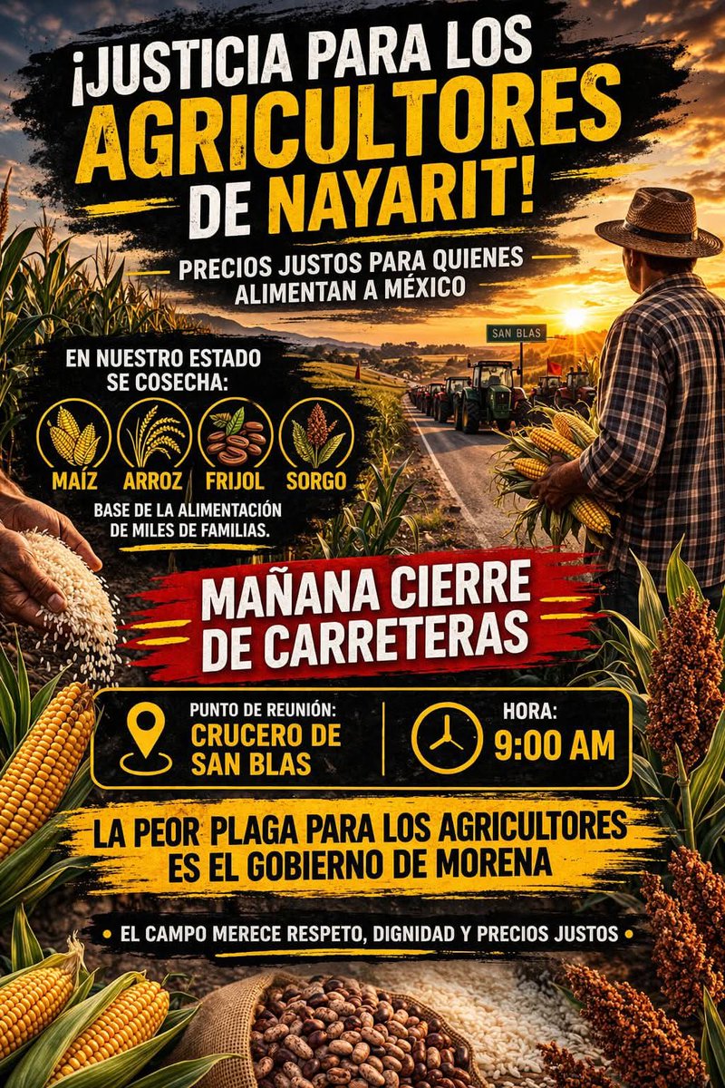 #ParoNacional amenaza con paralizar carreteras en Nayarit, este lunes 6 de abril; transportistas y agricultores realizarán bloqueos.