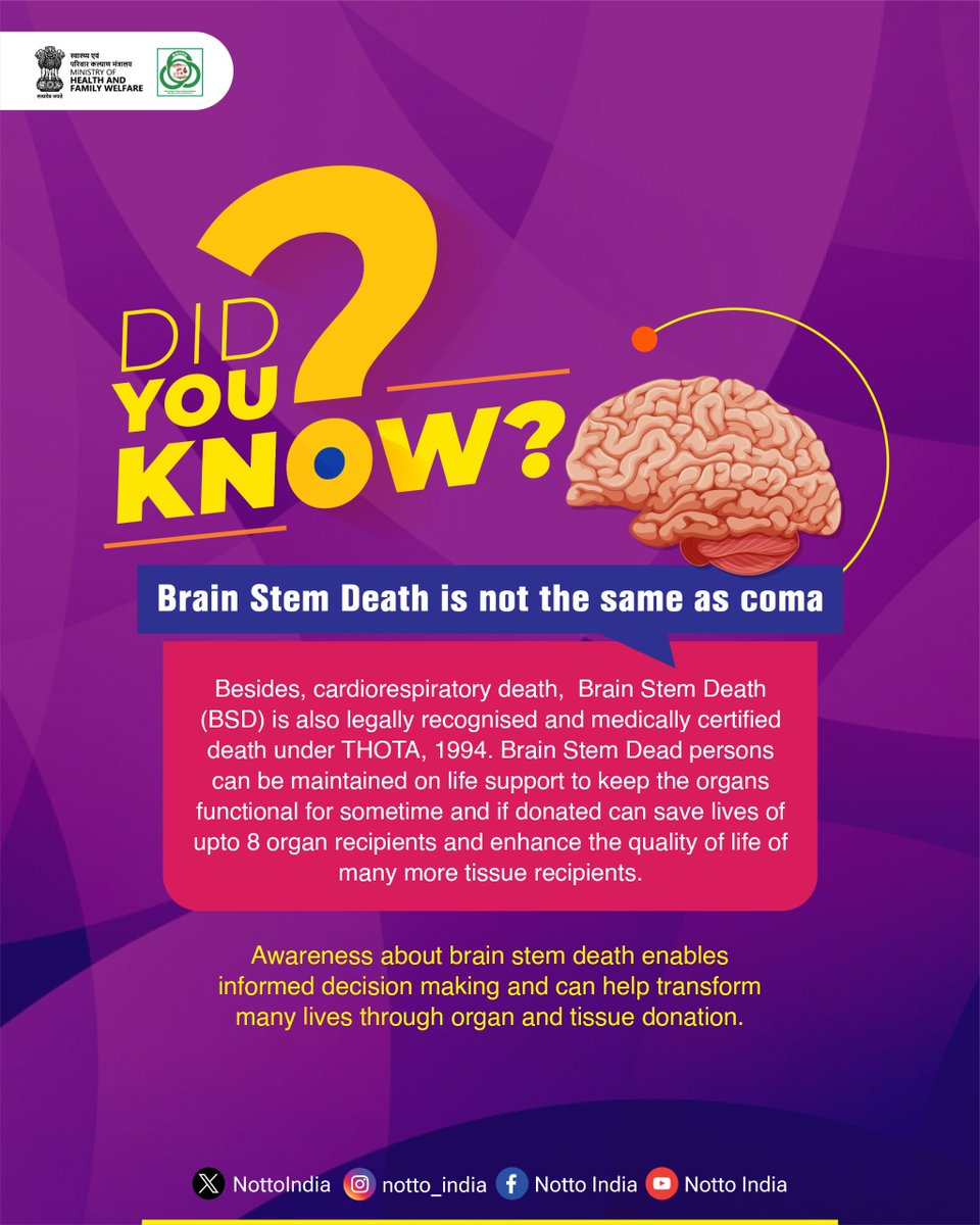 NottoIndia's tweet photo. #DidYouKnow⁉️
Brain stem death and coma are not the same.

Knowing the facts can help families make informed decisions at critical moments.

#NOTTO #OrganDonation #Brainstemdeath https://t.co/FwrpYPiuo2