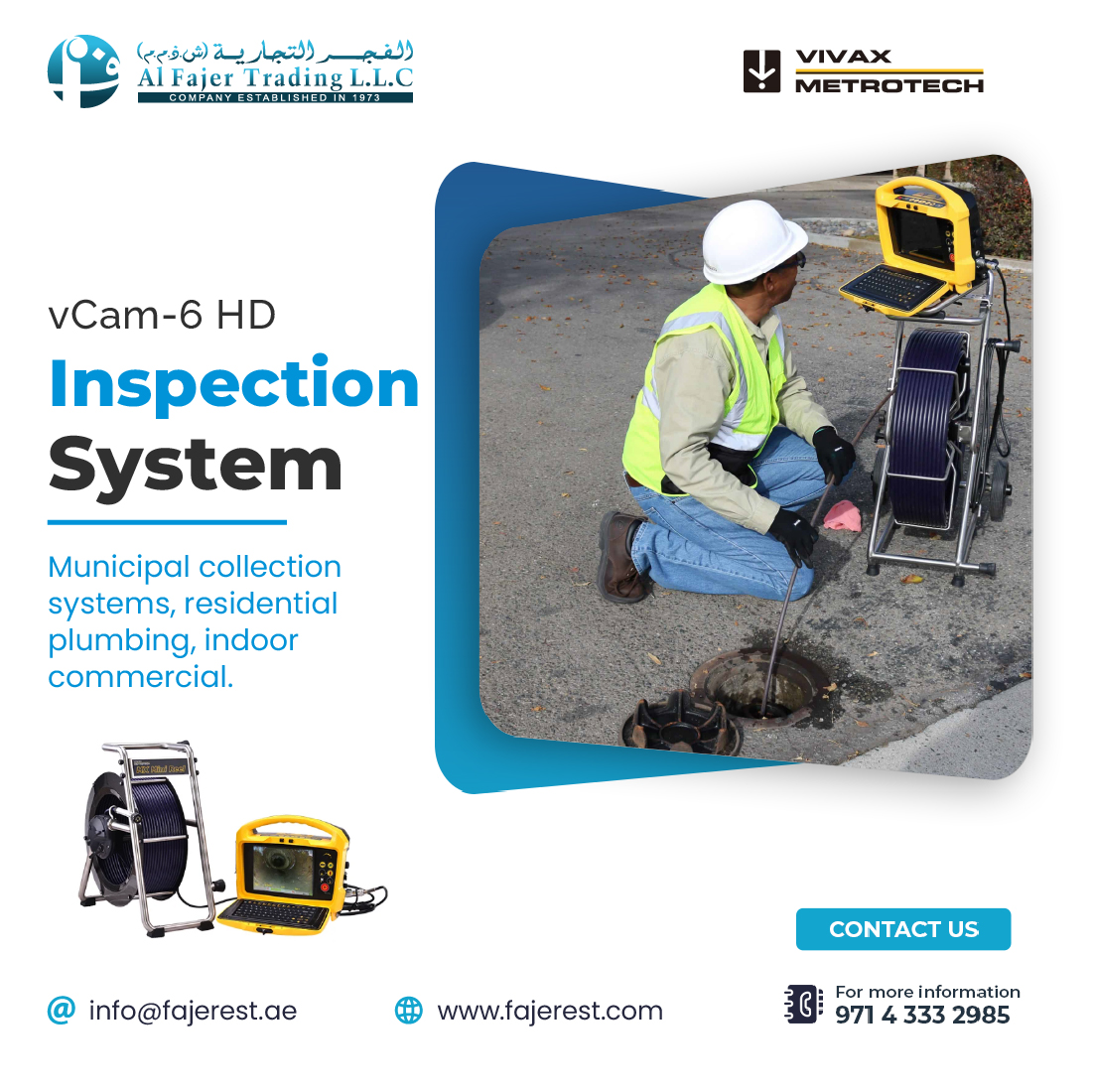 alFajerTrading's tweet image. The vCam-6 HD inspection system from Vivax-Metrotech is designed for versatile and reliable pipeline inspections.
.
Available now at 𝐀𝐥 𝐅𝐚𝐣𝐞𝐫 𝐓𝐫𝐚𝐝𝐢𝐧𝐠 𝐋𝐋𝐂, Dubai. (Authorized Dealer in UAE)

#PipelineSolutions #VivaxMetrotech #SewerInspection #UtilityEquipment