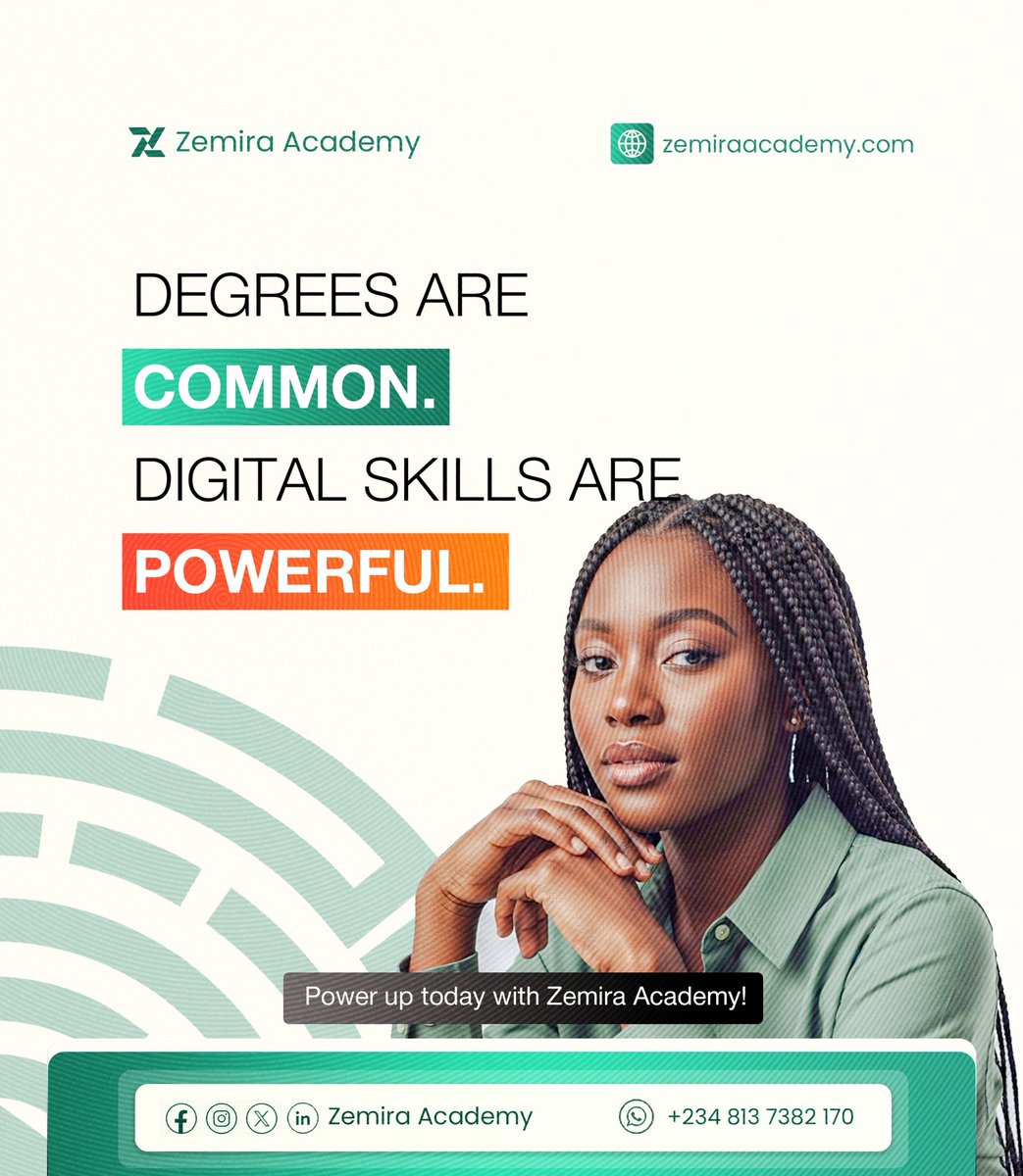 ZemiraAcademy's tweet photo. In today’s world, having a degree is great but it’s no longer enough
What truly sets you apart are your digital skills

At Zemira Academy, we don’t just teach we empower you with practical, in-demand skills that open doors, create opportunities, and build real careers https://t.co/QRYAv1iRVs