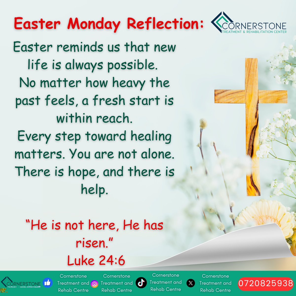 Cornerston85311's tweet photo. LISTEN, HE IS RISEN
Easter reminds us that restoration is always possible. No matter how heavy the past feels or how far one may have fallen, a new beginning is within reach.

THE BEST REHABILITATION CENTER IN MACHAKOS 
 #machakosRehabilitation #cornerstonerehabcares #HappyEaster https://t.co/KihyW2RZQq