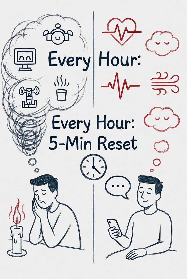 MenUnfilteredX's tweet photo. Burned out? Wrong diagnosis.
You never actually stopped. That's the real problem.
Every hour you grind, your mind is still running the last meeting, the last argument, the last failure.
Nothing gets processed. 
Everything accumulates.
Try this: every hour, 5 minutes. 
Phone down. World off.
Don't meditate. 
Don't journal. 
Just observe.
Watch your thoughts like they belong to someone else.
Feel your heartbeat. Notice your breath. Stay withdrawn — not involved.
That's the difference between a man who lasts and a man who crashes.
Say yes to your life 100%. Half-in energy goes nowhere.
This isn't soft. This is how high-performers stay sharp without burning the whole thing down.
What does your hourly reset actually look like — or do you even have one? 👇
#RealTalk #MindsetMatters #LevelUp