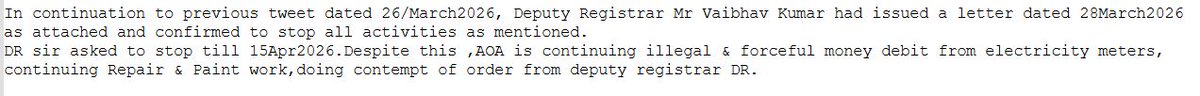 Res_Voice_GC5's tweet photo. DR asked to stop till 15Apr2026.Despite this,AOA continuing illegal &amp; forceful money debit from electricity meters,continuing Repair &amp; Paint work,doing contempt of order from deputy registrar DR.
#JusticeForGC5
#Justice_For_GC5
#Aoakimanmani
#AOA_की_मनमानी https://t.co/eeg4jiWRbb