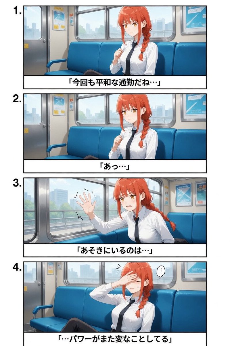 マキマ / Makima
SFW illustration
#チェンソーマン　
#ChainsawMan 
grokたんに4コマ漫画作って貰いました笑
grokがマキマさんをちゃんと理解してるのすご😱🥰
<a href="/grok/">Grok</a> 1枚目の画像で4コマ漫画を作って。セリフは日本語でコマの下に書いてにゃ🐈