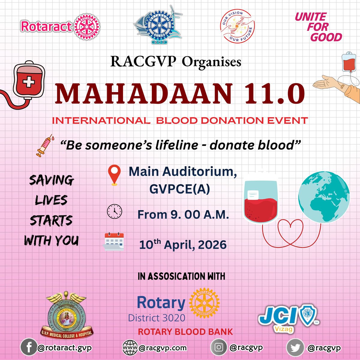 racgvp's tweet photo. Warm greetings! Join Mahadan 11.0, an International Blood Donation Event by RACGVP on April 10, 9 AM at Main Auditorium. Donate blood, save lives, and spread compassion. Be the reason someone gets a second chance—every drop counts! https://t.co/KwpRs7le0M