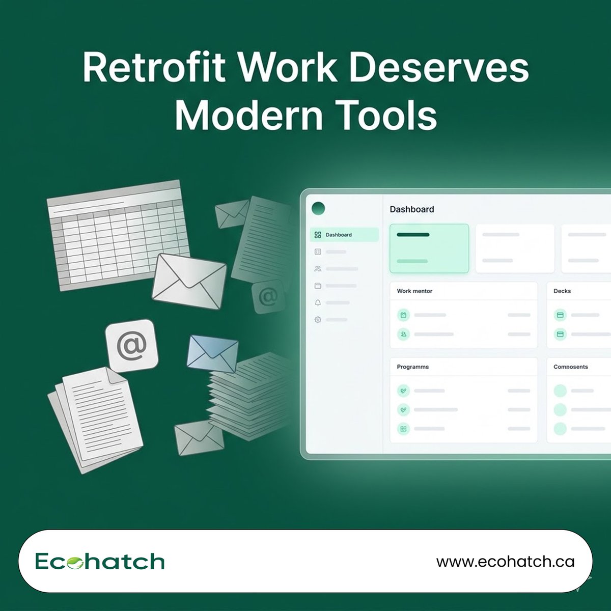 EcohatchInc's tweet image. Climate work shouldn’t rely on spreadsheets and disconnected emails.

EcoHatch streamlines retrofit planning and delivery with connected digital workflows.

Modern problems need modern infrastructure.

#EcoHatch #CleanTechCanada #EnergyEfficiency
