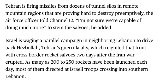 Phastidio's tweet photo. Secondo fonti militari israeliane, il numero di missili balistici iraniani sarebbe stato solo dimezzato da inizio guerra, ed Hezbollah avrebbe ancora moltissimi razzi. Vado pazzo per le obliterazioni ben riuscite

Israel Says More Than 1,000 Iranian Missiles Still Threaten It
https://t.co/GCJ0WeQB8u