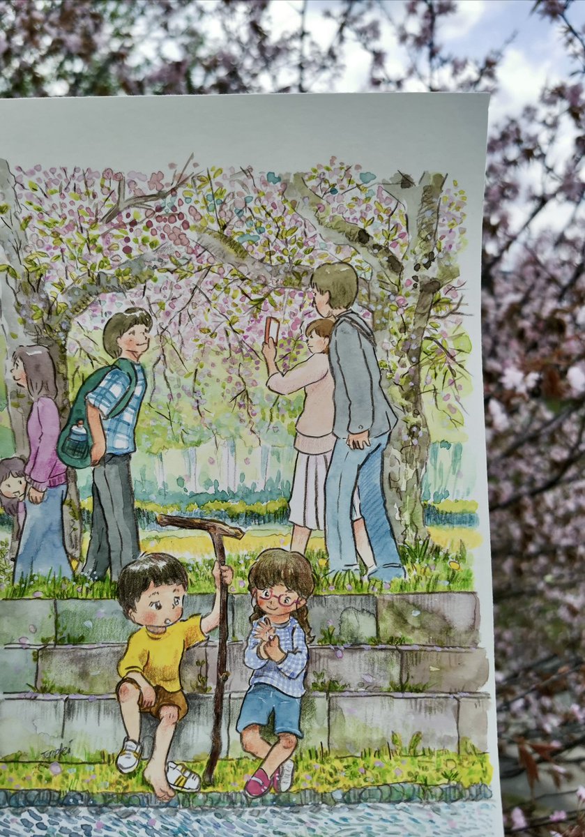 process_number7's tweet photo. 久しぶりに外でのんびり写生しながら色付け。
桜が咲くと、何故かそわそわ、落ち着かなくなるのはどうして？
#イラスト　#絵本 https://t.co/sScqTFZ2wP