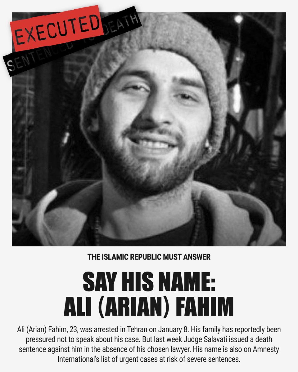 saarmot's tweet photo. Is the world getting numb to this?

🩸 The Islamic Republic executed him.
🩸 He was murdered in cold blood.  
🩸 They ended innocent Arian’s life, because they could, and felt powerful enough to do it!

#علی_فهیم #آرین_فهیم https://t.co/QZuWHbiGoc