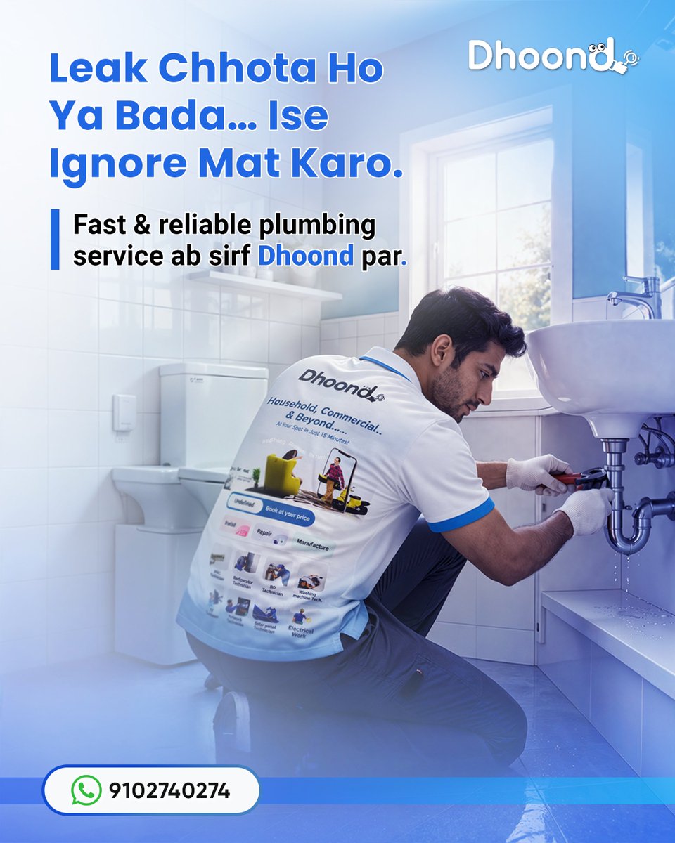 DhoondCo's tweet image. Paani ka leak sirf paani waste nahi karta…
ghar ko damage bhi kar sakta hai 💧

Delay mat karo.
DHOOND se plumber book karo
910274027

#WaterLeak #LeakFix #NoStress #Plumbing #PlumbingService