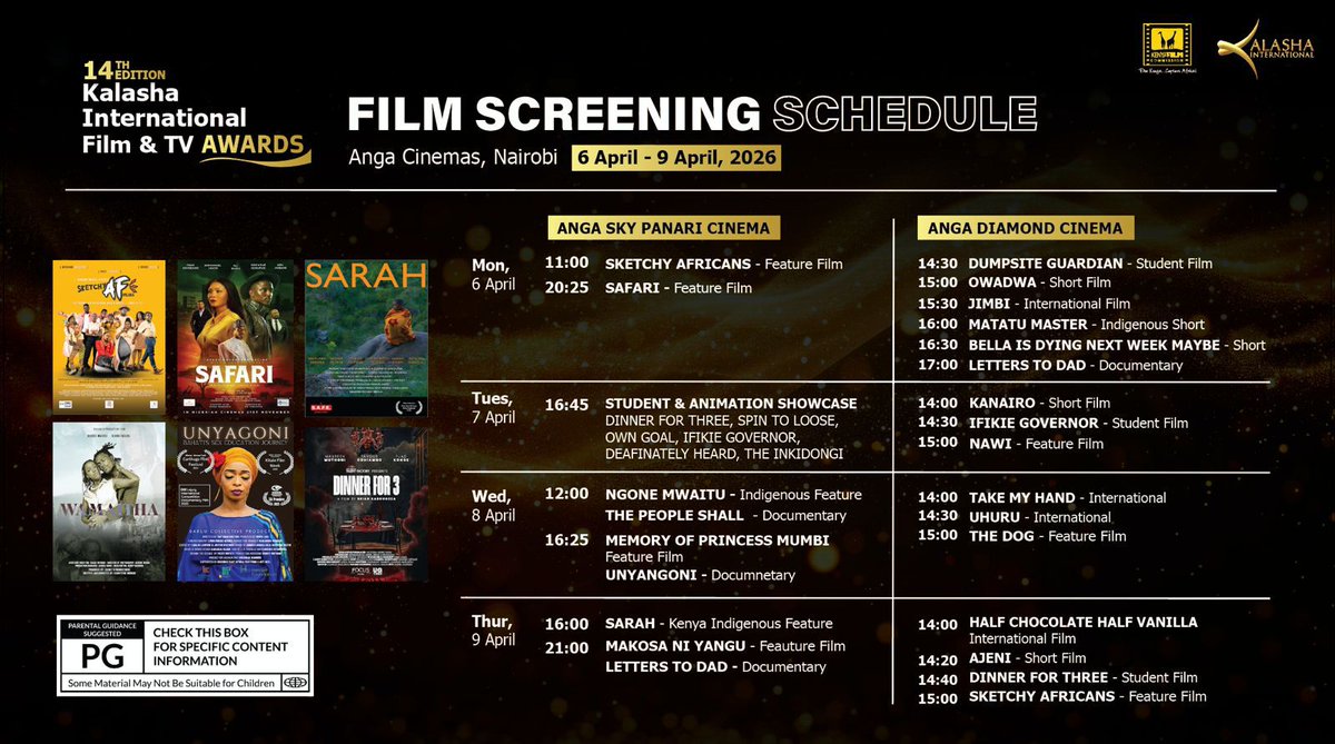 kenyafilmcomm's tweet image. Free screenings of nominated films run from Monday 6 to Thursday 9 April 2026 at Anga Sky Panari and Anga Diamond Cinema. 

Enjoy the best of Kenyan and African storytelling on the big screen! 

Vote now via: forms.gle/GD8rqhdubCGJQt… 

#kalasha2026 #filmscreening
^ZK