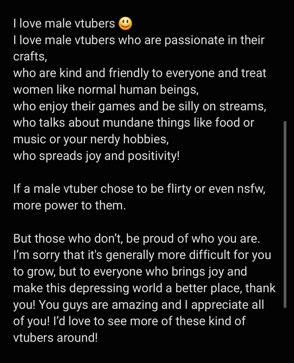 mimamingsu's tweet photo. I see some male vtubers feeling a little down recently, so if anyone needs to hear this, this is for you. I wish I can do more to support you guys, but I hope I can at least lift your spirit even just a little bit. I usually don't tweet like this because I'm shy! 🫣🤭 https://t.co/yotOeU9fbl