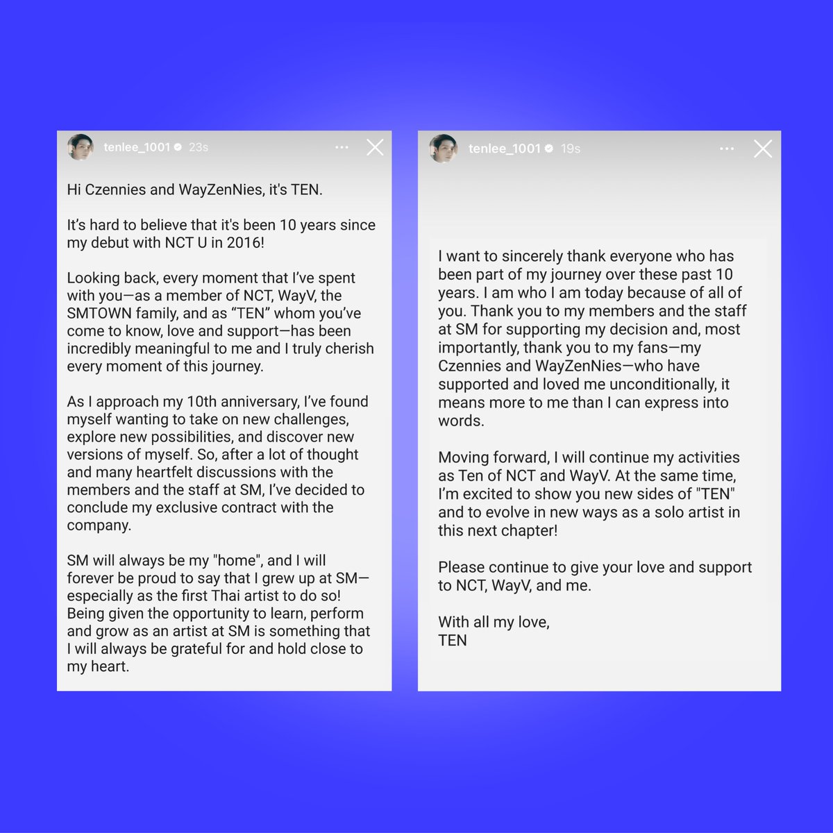 TheePopCore's tweet photo. TEN shares a statement with fans regarding his departure from SM Entertainment. 

“I want to sincerely thank everyone who has been part of my journey over these past 10 years. I am who I am today because of all of you.” https://t.co/Zepwr9EWSf