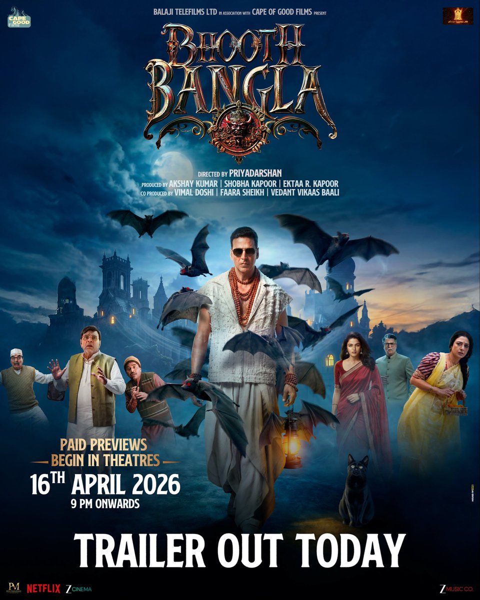 Shaam dhalegi aur darwaza khulega, 16 ki shaam mein sabko fun aur horror ka double dose milega 🦇 

#BhoothBanglaTrailer drops today!

#BhoothBangla, paid previews begin in theatres 16th April 2026, 9 PM onwards 👻

<a href="/priyadarshandir/">priyadarshan</a> <a href="/akshaykumar/">Akshay Kumar</a> <a href="/SirPareshRawal/">Paresh Rawal</a> <a href="/rajpalofficial/">Rajpal Naurang Yadav</a>