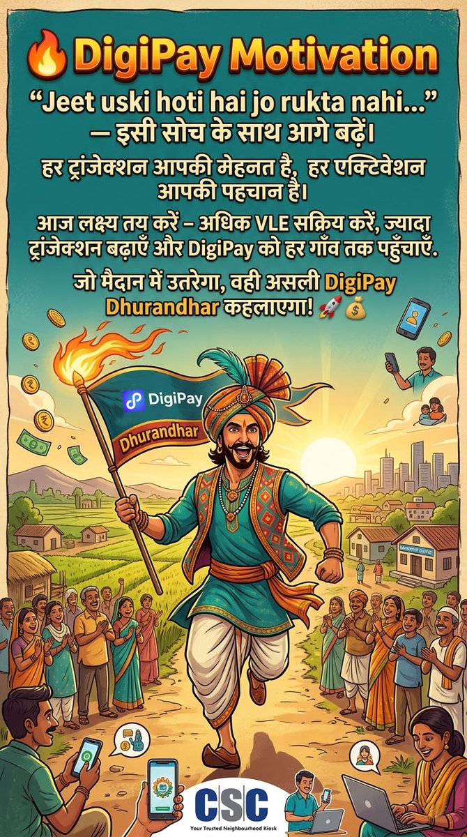🔥 #DigiPay #Motivation
“Jeet uski hoti hai jo rukta nahi…”
हर ट्रांजेक्शन आपकी मेहनत, हर एक्टिवेशन आपकी पहचान।
अधिक VLE सक्रिय करें, ट्रांजेक्शन बढ़ाएँ और DigiPay को हर गाँव तक पहुँचाएँ।
जो मैदान में उतरेगा, वही असली #DigiPay #Dhurandhar! 🚀💰
#CSC #VLE #RanveerSingh #Cash #CMS