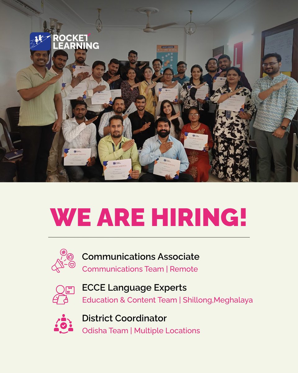 learning_rocket's tweet photo. 🚀 We’re hiring. Come build the future of India's early learning with us. Open roles:
• Communications Associate - Remote
• ECCE Language Experts – Shillong, Meghalaya
• District Coordinator – Odisha (Multiple locations)

Apply here: https://t.co/4JSKAbnNVb

#RocketLearning #EarlyEducationForAll #remotejobs #jobsinshillong #socialimpactjobs #ngojobs #communicationassociate #ECCE #jobsinodisha