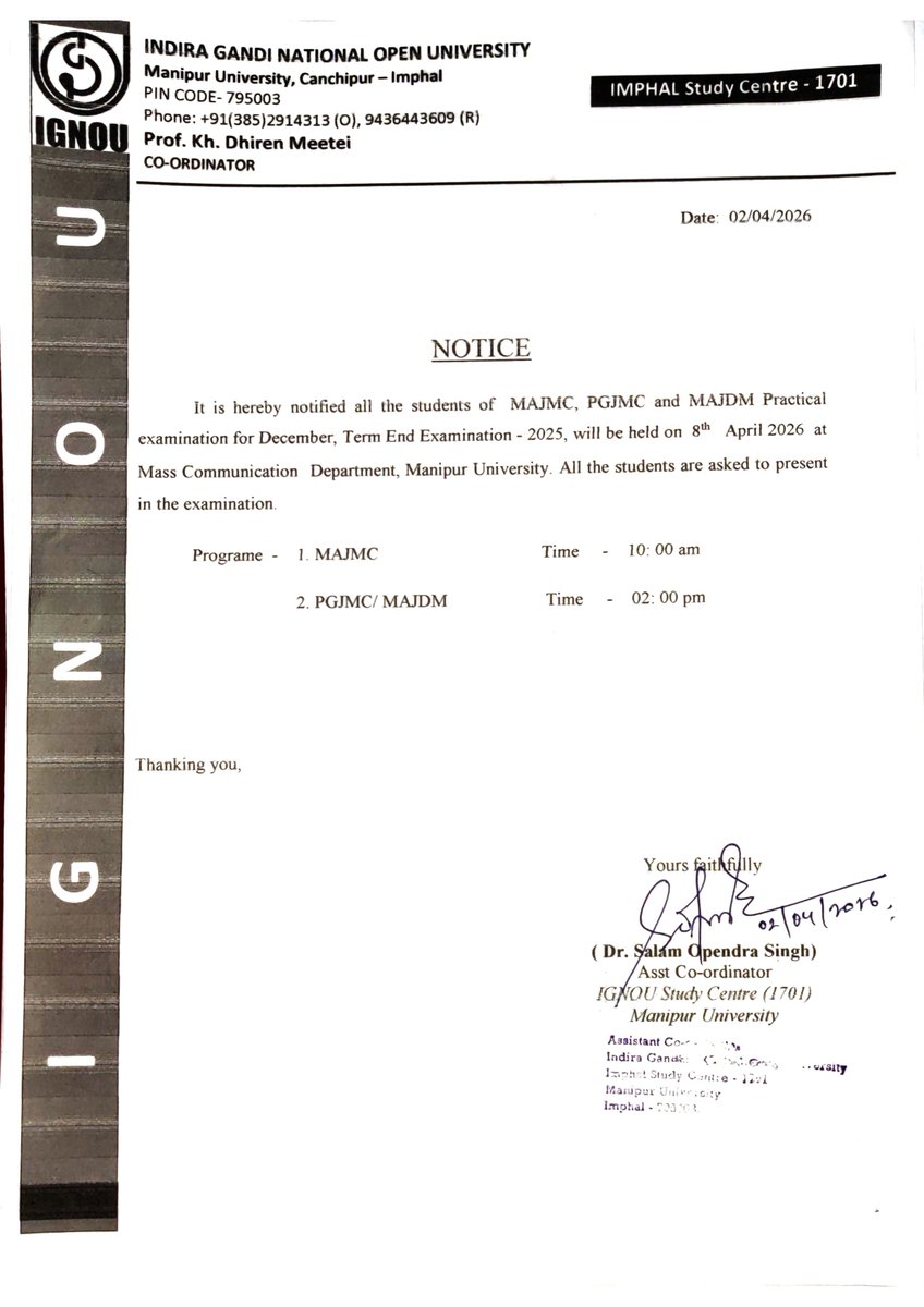 Ignou_Imphal's tweet photo. Notification for MAJMC PGJMC and MAJDM Practical for Dec TEE 2025 https://t.co/SXVyAH0X6l