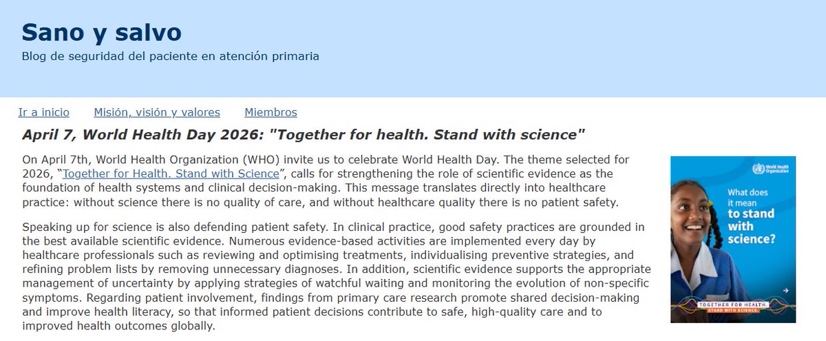 sanoysalvoblog's tweet image. On April 7th, Pilar Astier (President-Elect @WONCA) highlights the role of #PrimaryCare in advancing #PtSafety through science and peace:
“Health grounded in scientific evidence is a right—and so is peace”
sano-y-salvo.blogspot.com/2026/04/april-…
#WorldHealthDay #StandWithScience