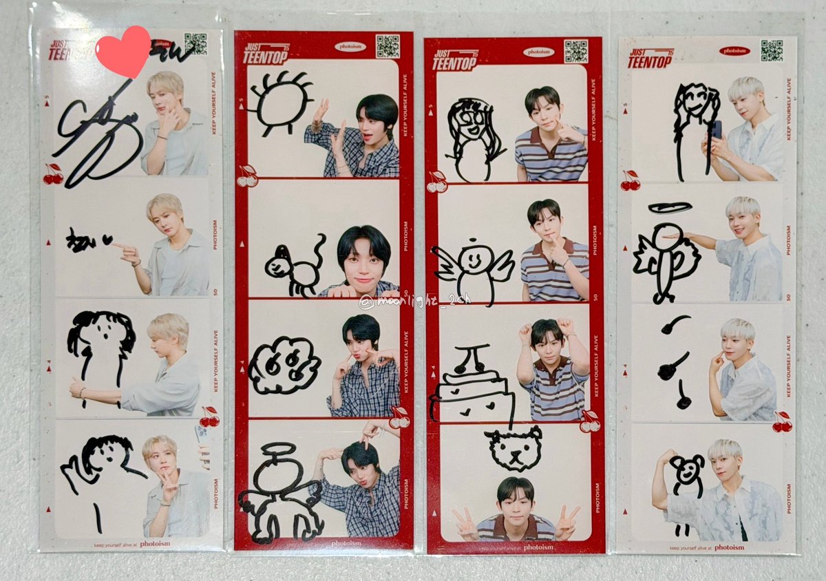 찬희는 멘트 받느라 시간이 부족해서 네 컷 중에 두개 밖에 못 그렸지만....😭
(찬희 레드버젼이 비어있으니 이건 사물팬싸가 또 뜨면 그때 가져가야지😉)

다른 멤버들은 한 장에 사인받고 한 장은 그림 받고!
각자의 개성이 넘치는 그림들!ㅋㅋㅋㅋㅋ 넘 귀여버🥰