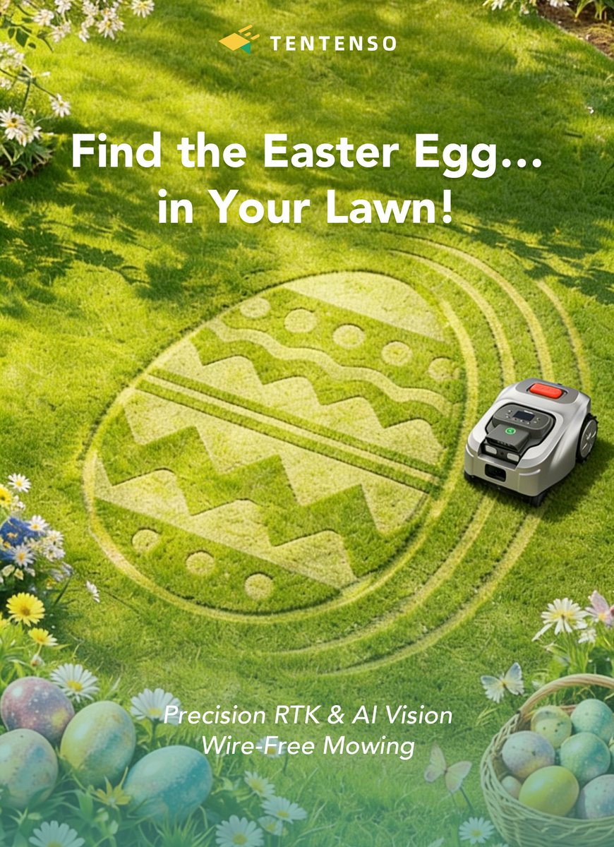 Peter_Ajs's tweet photo. 🥚 Find the Easter egg… in your perfectly mowed lawn!

TENTENSO's robot mower with RTK &amp; AI Vision doesn't just cut grass—it creates art.

Wire-free, precise, and ready for spring. 🌱 https://t.co/Vlm6WHDoyi