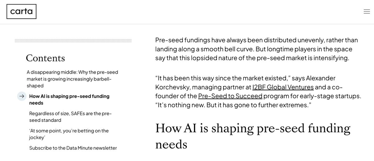 Pre-seed is no longer a bell curve-it’s a barbell.

More <$250k rounds than ever, while larger pre-seeds keep getting bigger. The missing middle is now extreme.

Featured in <a href="/cartainc/">Carta</a> with insights from Alexander Korchevsky (<a href="/AlexanderKorch5/">Alexander Korchevskiy</a>).

Read more: carta.com/data/disappear…