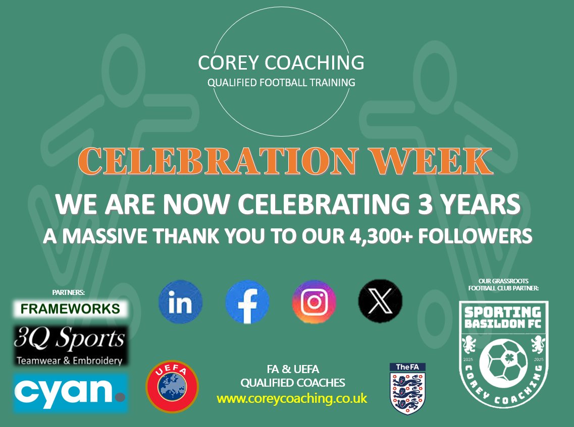 Corey_Coaching's tweet photo. 🥳 CELEBRATION WEEK 🥳

We started this adventure 3 years ago. 

A huge thank you to everyone who has supported us along the way. 👏

We have come along way since we started and can't thank everyone enough.

@3QSports  - @CyanMarketing 

⚽️🟢⚪️

#community #footballfamily https://t.co/qPwEXdTzTv