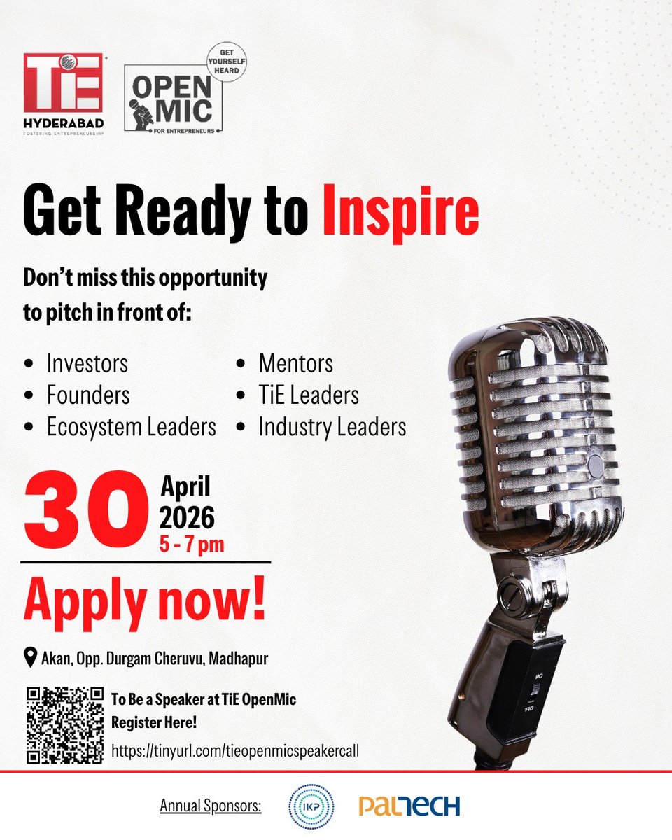 TiEHyderabad's tweet image. Step up to the mic and share your story! 🎙️
TiE OpenMic – April Edition is back with powerful stories, bold ideas &amp;amp; inspiring voices.

📅 30th April
📍 Akan, Opp. Durgam Cheruvu, Madhapur
🔗 Apply now: lnkd.in/gMNQUc6m

#TiEHyderabad #OpenMic #Founders #StartupIndia