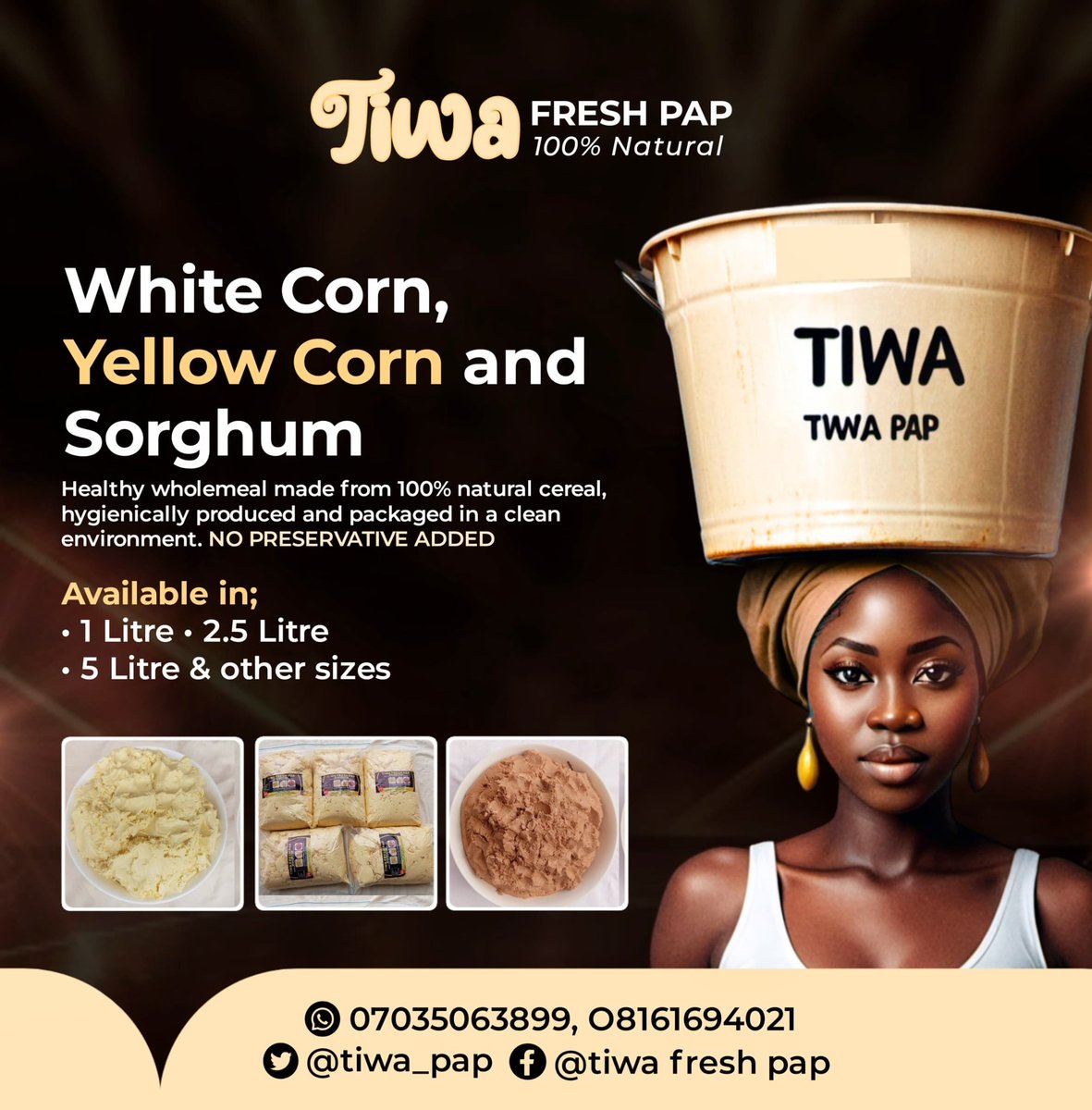 QUBRAH11's tweet image. Tired of bad-smelling PAP ruining your mornings? 
It’s time to EXPERIENCE the freshness revolution with TIWA Fresh #PAP #OGI #AKAMU! 👌
One sip, one taste, and you’ll never go back 😋😉 

💛 Yellow &amp;amp; White PAP – 5L 🔶 ₦10k
🌽 Guinea Corn PAP – 5L 🔶 ₦13k

📍 Ibadan
Nationwide