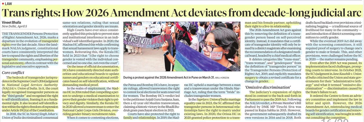 imRavikantYadav's tweet image. Trans Rights:How a 2026 Amendment Act deviates from a decade-long Judicial arc

:Details by Sh Vineet Bhalla

#TransRights #Transgender #ThirdGender
#SelfIdentification #MedicalBoard
#GenderCertification #Surgery
#Employment #Elections
#Family #Relationships
#Law

#UPSC
Source:IE