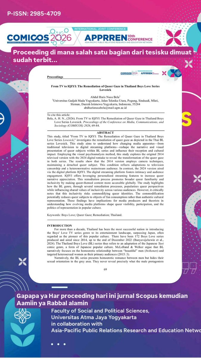 HarrisNube18269's tweet photo. Finally one part of my thesis published on proceedings of COMICOS Conference February 2026. Entitled "From TV to iQIYI: Remediation of Queer gaze on Thai BL of Lovesick"
As if you wanna read you may DM me. #Queergaze #BL #Lovesick #Lovesick2024 #iQIYI https://t.co/AGzdWE7YEy