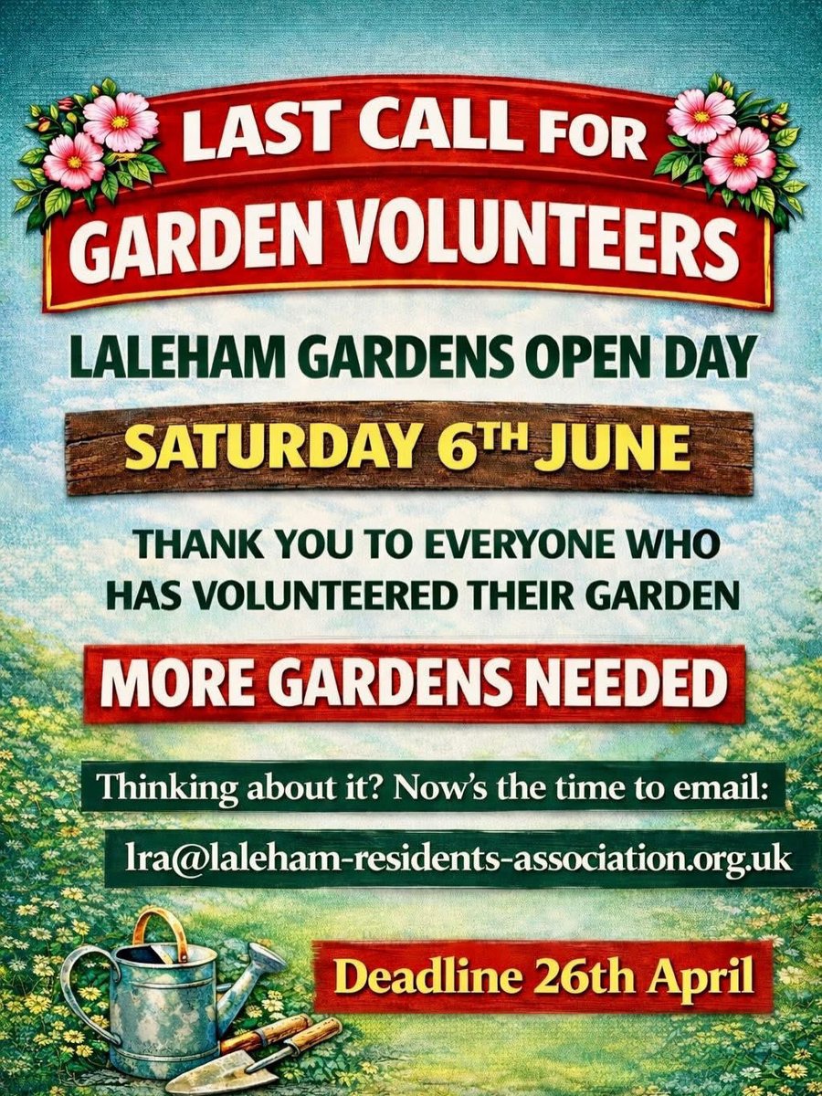 lalehamonthames's tweet photo. Message from the LRA: Last Call for Garden Volunteers
Laleham Gardens Open Day - Saturday 6th June. Thank You everyone who has already volunteered but we don't have enough gardens. If you’ve been thinking about opening your garden email: lra@laleham-residents-association.org.uk https://t.co/ds5kIWUJBT