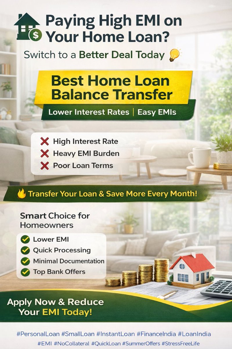 bloansolution's tweet image. 🏠 Paying high EMI on your home loan?

Switch to a better deal 💡
💰 Lower interest | Easy EMIs

Save more every month 👇
👉 Apply now

#HomeLoan #BalanceTransfer #EMI #FinanceIndia #LoanTransfer