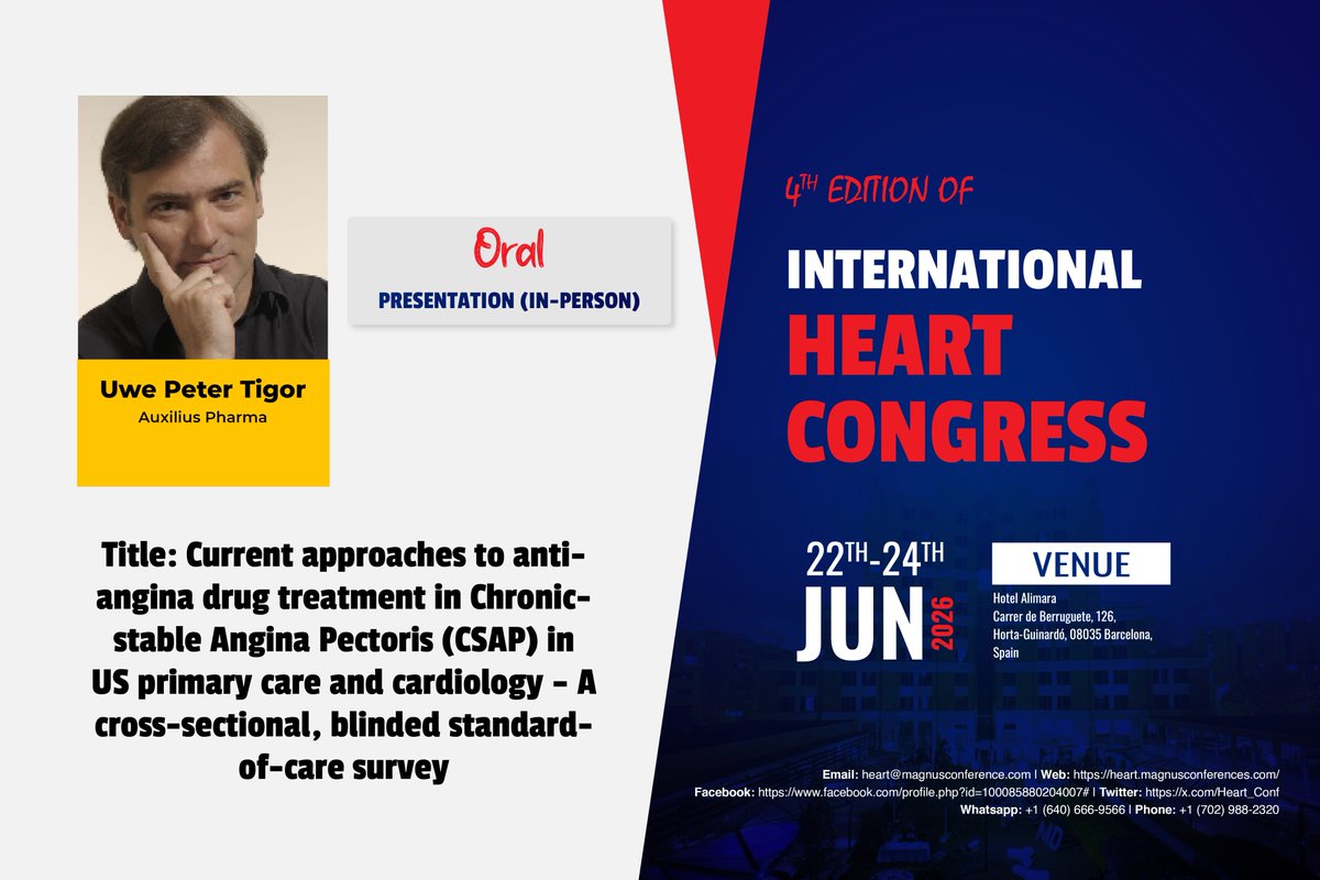 Heart_Conf's tweet photo. 🎤We are thrilled to announce #UwePeterTigor from Auxilius Pharma, United States will be delivering a Speaker Talk at @Heart_Conf by @magnus_group! Don't miss this incredible opportunity!❤️🌍✨
Dates: June 22 -24, 2026
Venue: Barcelona, Spain
#HeartCongress2026 https://t.co/lSaKgmQ7re