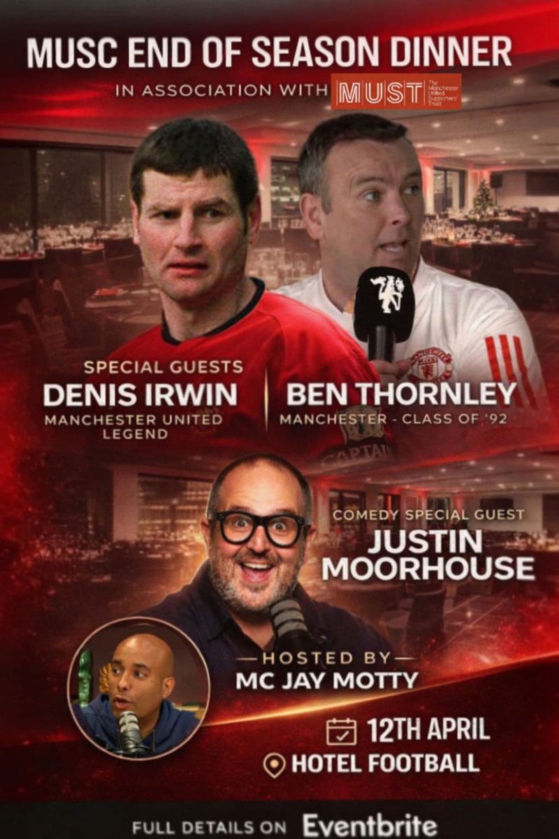 DaytrippingRed's tweet photo. Less than a week to go!

Join us for dinner as @JayMotty welcomes Denis Irwin and Ben Thornley on stage with Justin Moorhouse providing some laughter after, it’ll be a belter!

It’s in aid of Association Of Former Manchester United Players

Come along 👇 

https://t.co/fEskwJ6Ypg https://t.co/oJvN0dBcxz