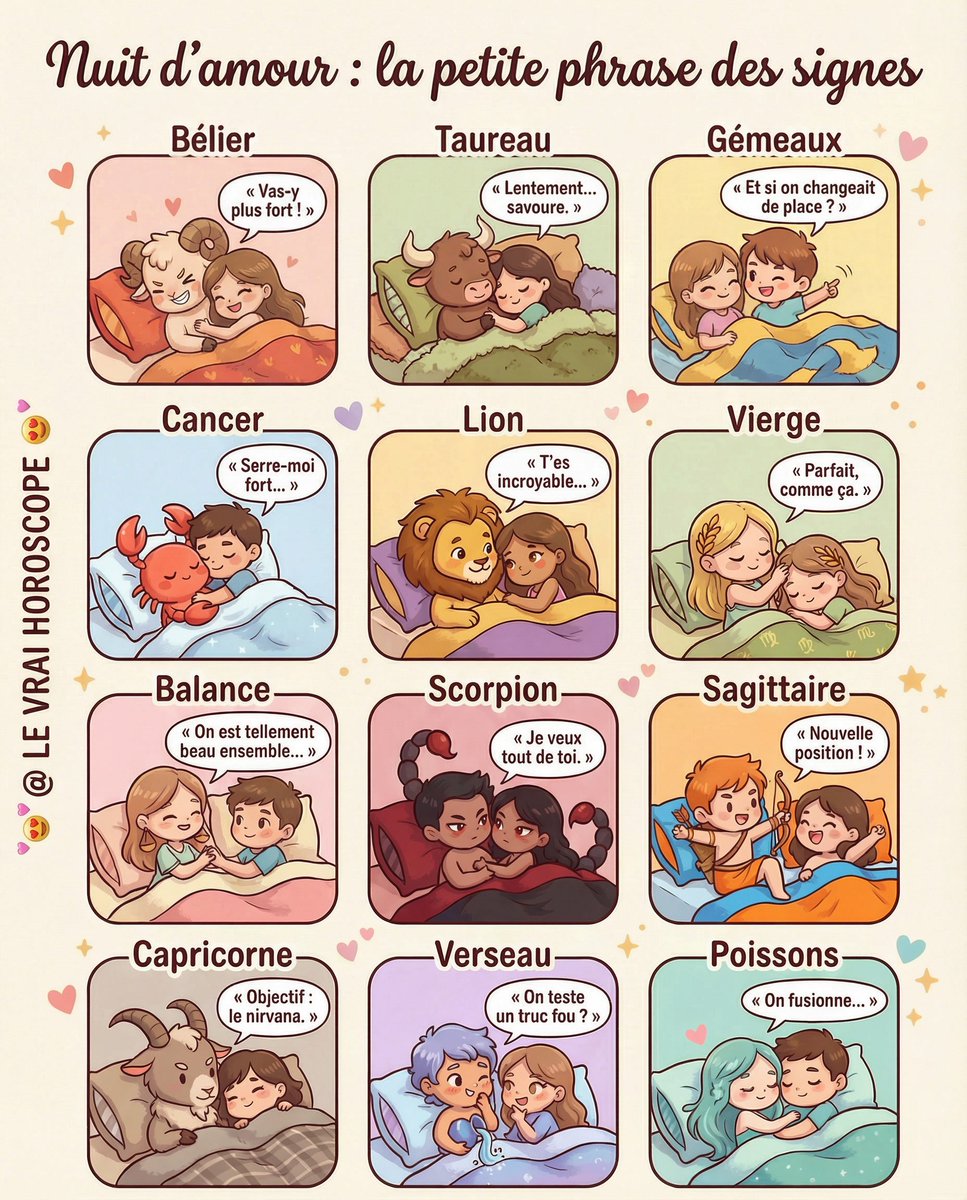 LeVraiHoroscope's tweet photo. ❤️ NUIT D’AMOUR : LA PETITE PHRASE DES SIGNES

Voici ce que chaque signe murmure (ou crie) pendant un moment intime... 😏💕

#Astrologie #Zodiaque #Horoscope https://t.co/HGlJ0rMuvV