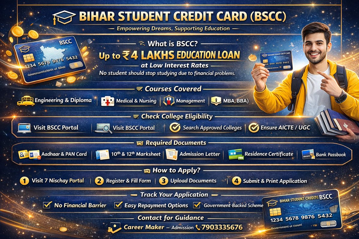 CareerMakerIn's tweet photo. 🎓 Dreaming of Higher Education but worried about money?

💳 Get up to ₹4 Lakhs Loan with
 Bihar Student Credit Card (BSCC)
✅ Low Interest
✅ Easy Repayment
✅ Govt. Approved

📞 Call Now: 7903335676
#BSCC #StudentLoan #BiharStudents #CareerMaker https://t.co/KFpPurza4v