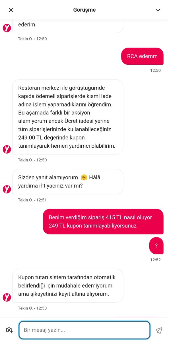 Mgulger01's tweet photo. Yemek Sepeti üzerinden vermiş olduğum siparişim eksik teslim edilmiştir.  Siparişini verdiğim ürünlerin toplam ödemesini 415 TL olarak gerçekleştirdim. Ancak eksik gelen ürünlere rağmen tarafıma yalnızca 249 TL tutarında kupon tanımlamasi yapılacağı belirtilmiştir. @yemeksepeti https://t.co/Cepr1JGNqH