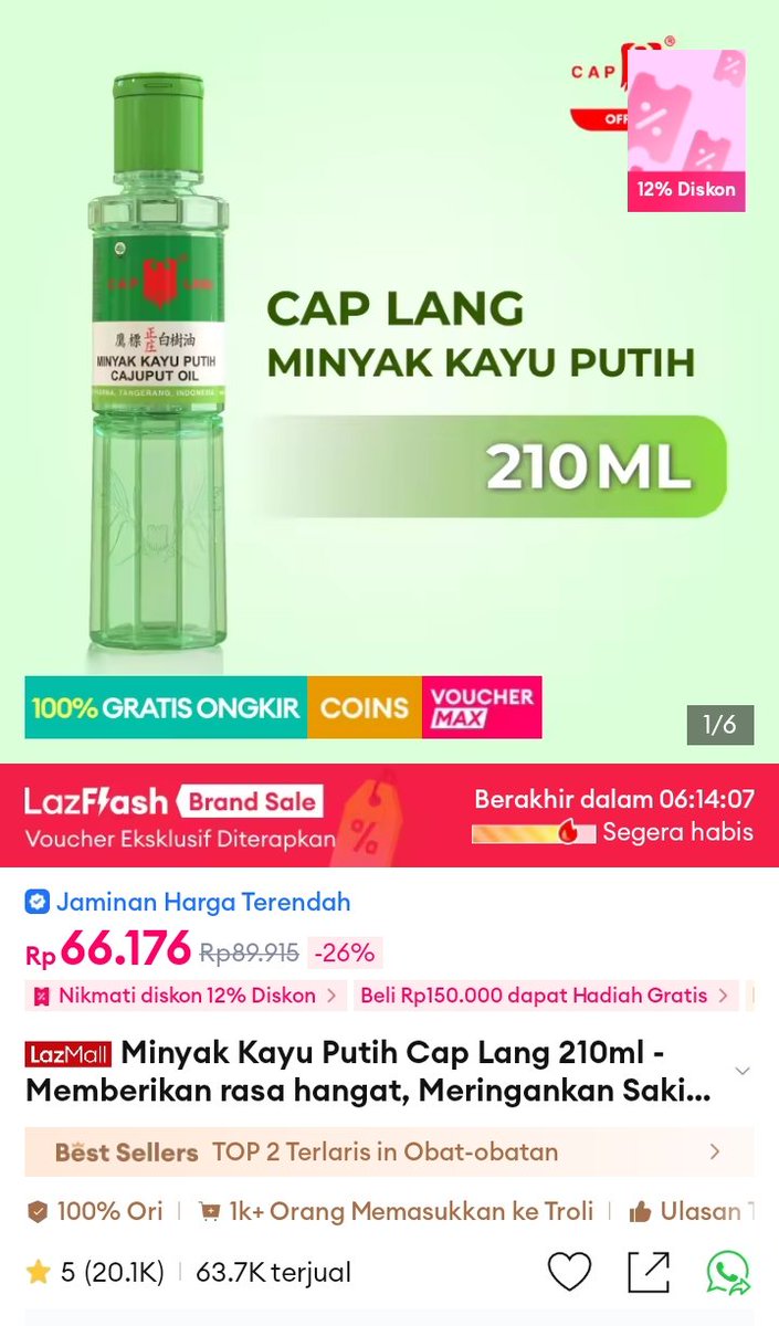 Masih Lazada44 Sale buruan cek sebelum telat, minyak kayu putih cap lang lagi diskon dan masih banyak promo dari lazada 4.4 sale yang sayang banget dilewatin

lazada.co.id/products/i1145…