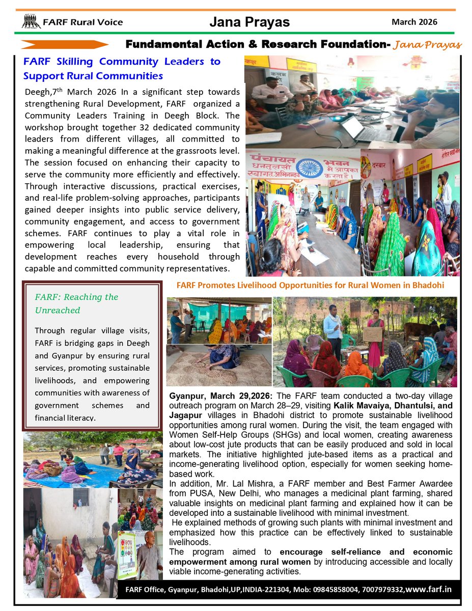 FARFIndia's tweet image. Presenting FARF’s March Newsletter – showcasing our efforts in promoting livelihoods, community training, and medicinal farming for sustainable rural development.
#WomenEmpowerment #SelfHelpGroups #RuralWomen #Livelihood #SkillDevelopment #CommunityDevelopment #Awareness