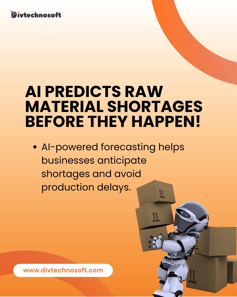 divtechnosoft's tweet image. Stop reacting. Start predicting.

AI is transforming how businesses prevent raw material shortages before they disrupt production.

Ready to future-proof your supply chain?
Visit divtechnosoft.com for a free consultation

#aiforbusiness #supplychainoptimization