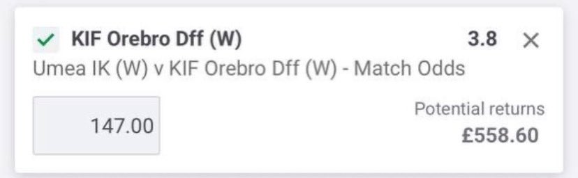 the_oddsboss's tweet photo. Umea IK (W) v KIF Orebro Dff (W) | KIF Orebro Dff (W) | @3.80
Fair odds: 2.70 https://t.co/a40JaGBeDg